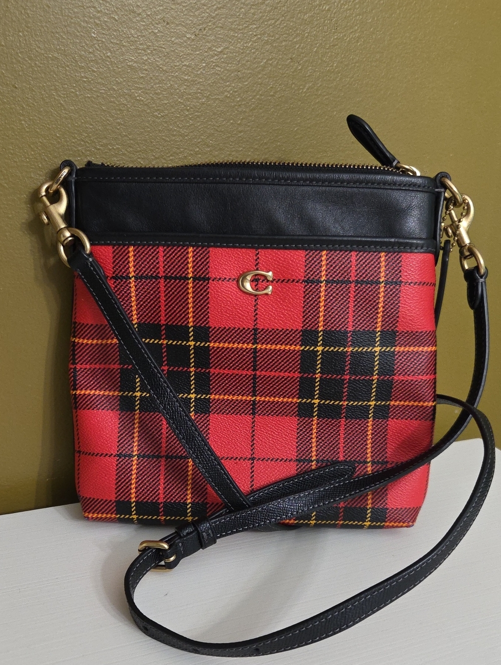 Coach Red Plaid Leather Small Shoulder Bag